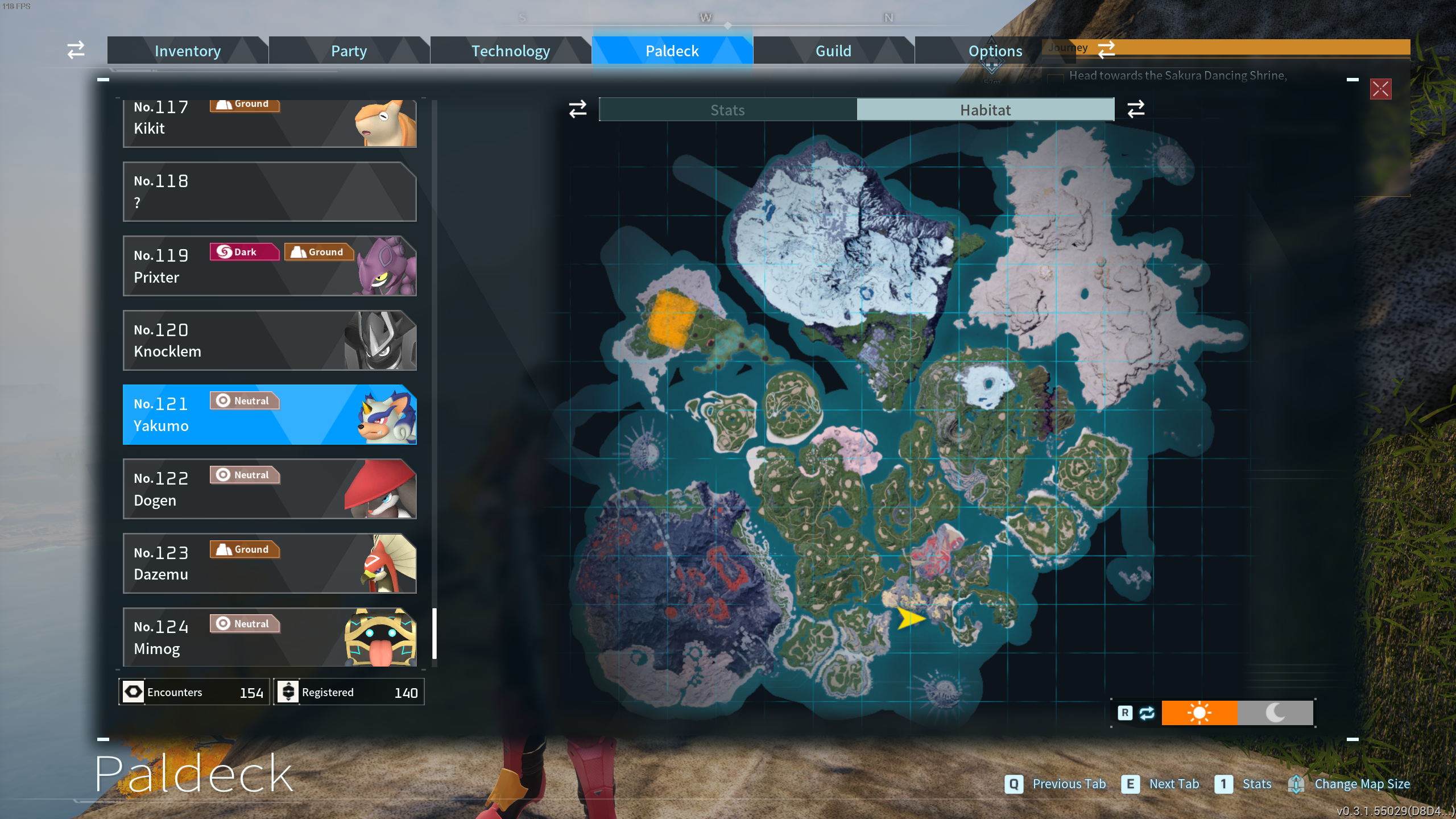 Image of the Palworld world map with the center of Sakurajima Island highlighted to indicated Yakumo's spawn area