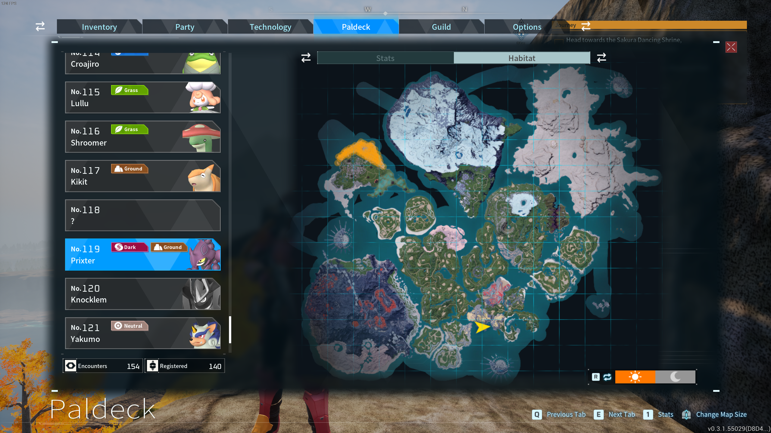 Prixter's spawn location in Palworld, as marked by the Paldeck map
