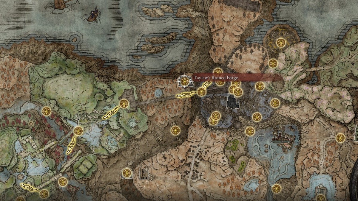 Image of Taylew's Ruined Forge highlighted on the Ancient Ruins Base Map in Elden Ring.