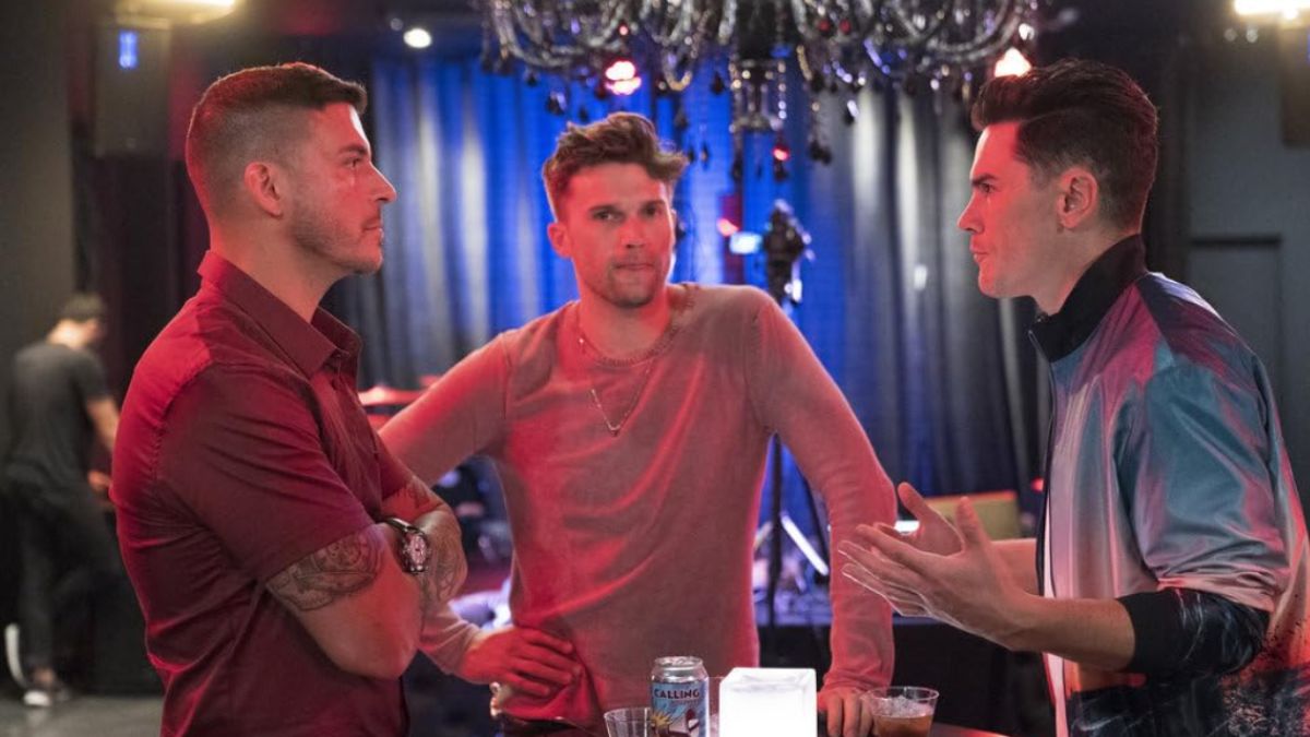 Vanderpump Rules Cast Photo showing three cast members in a heated conversation