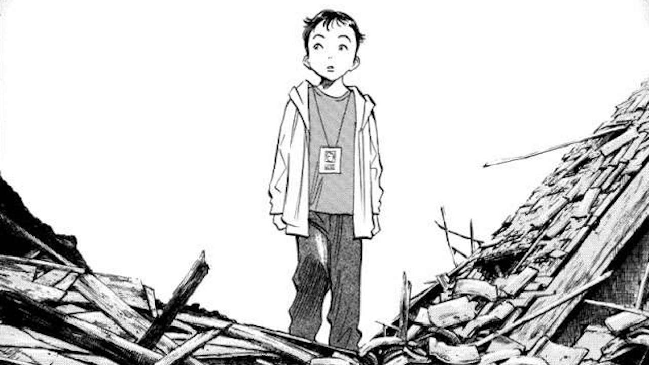 Atom stands in rubble in pluto: urasawa x tezuka