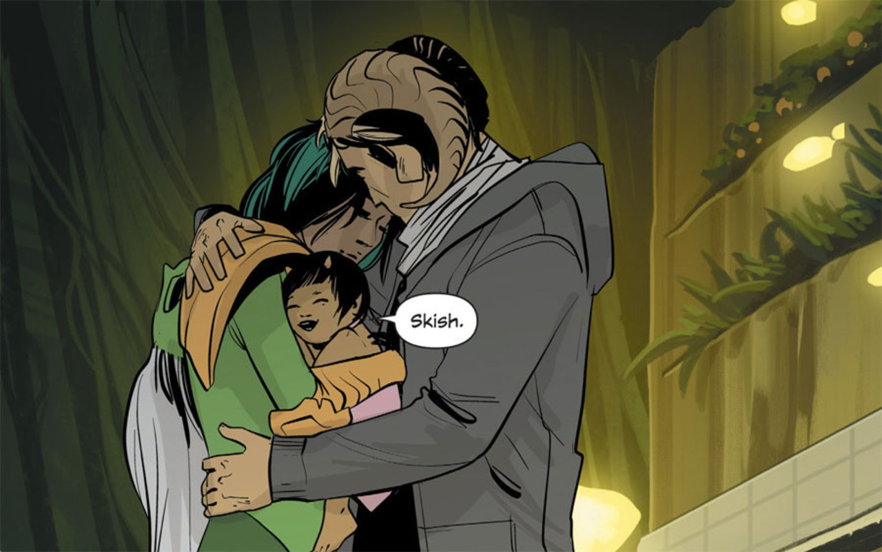 Alana, Marko, and Hazel hug in saga