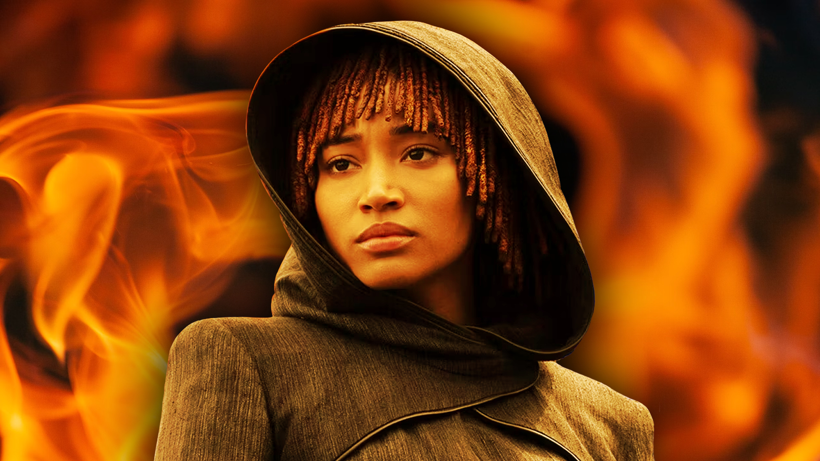 The Acolyte's Osha in front of a fiery background