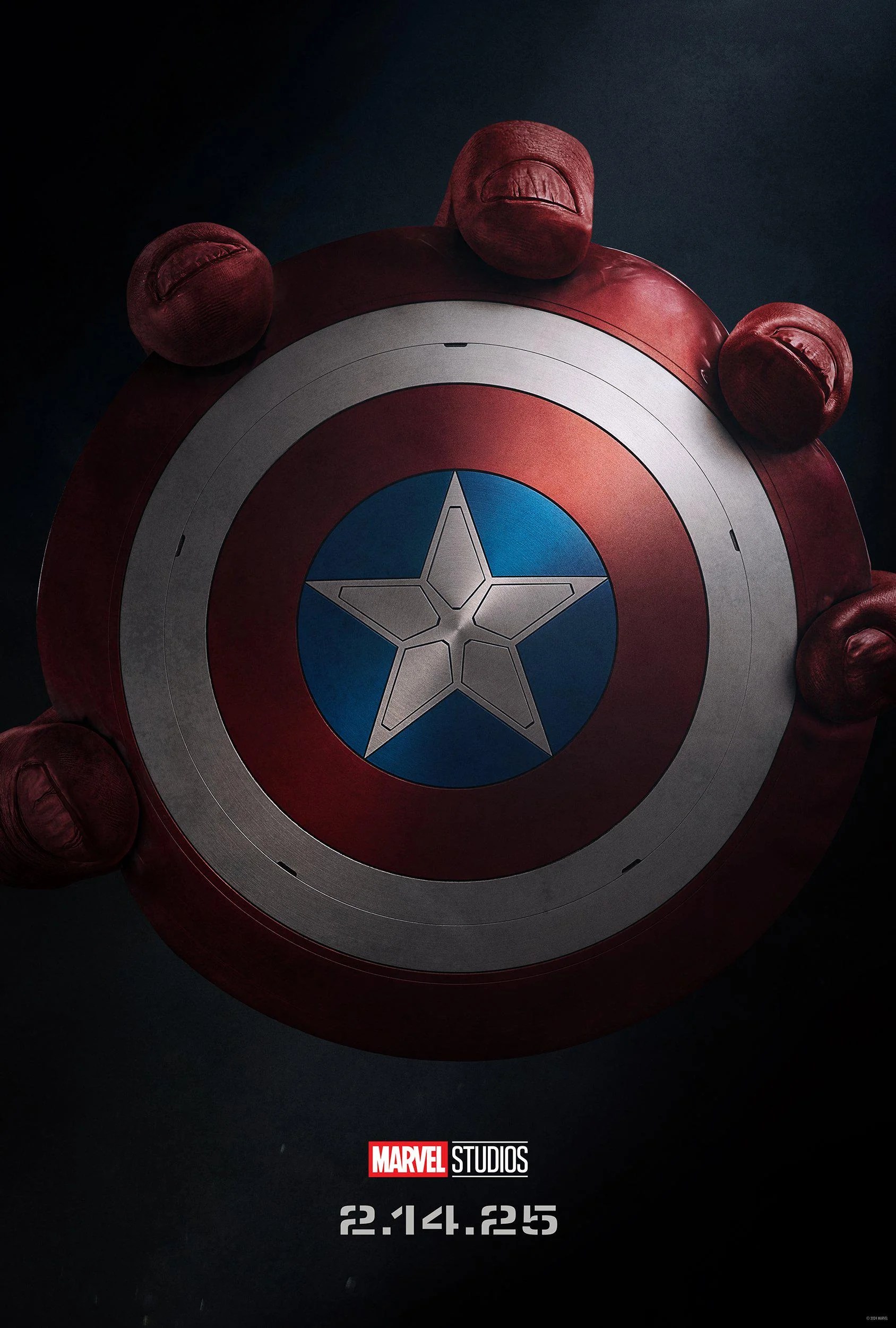 Captain America Brave New World movie poster showing red hulk's hand holding Captain America's shield.