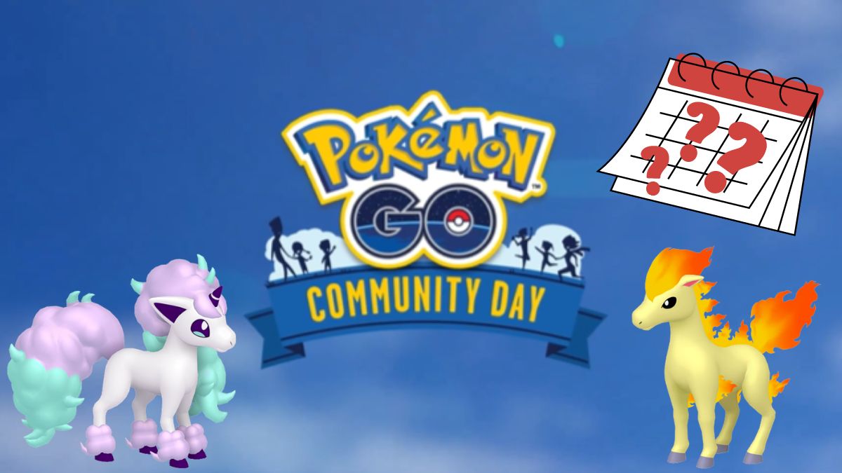 Image of the Pokemon GO Community Day logo with a Galarian Ponyta and Ponyta on either side, with a calendar and question marks next to it