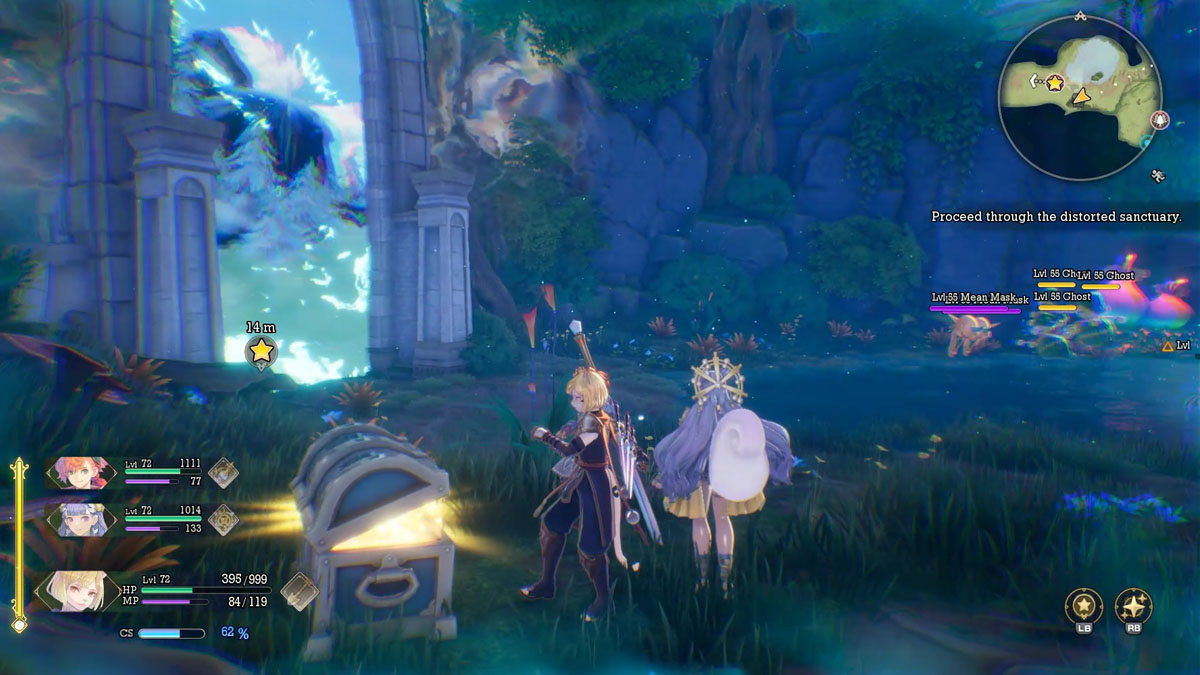The selected character stands in front of a chest in a blurry, ethereal environment in Visions of Mana