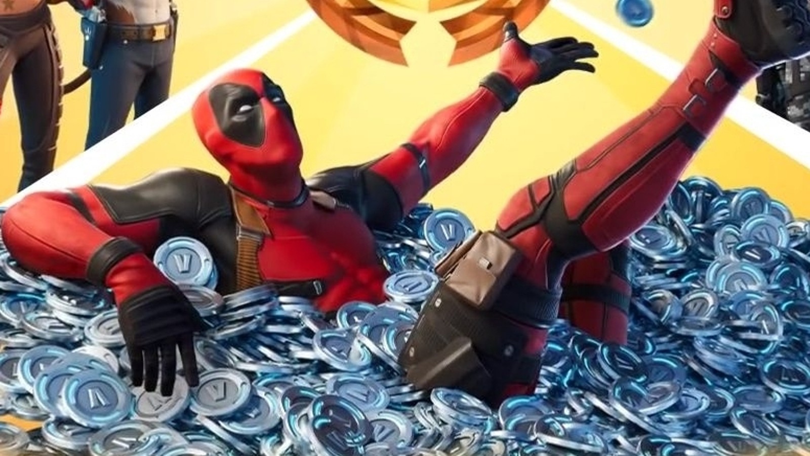 Deadpool in a pool of V-Bucks in Fortnite.