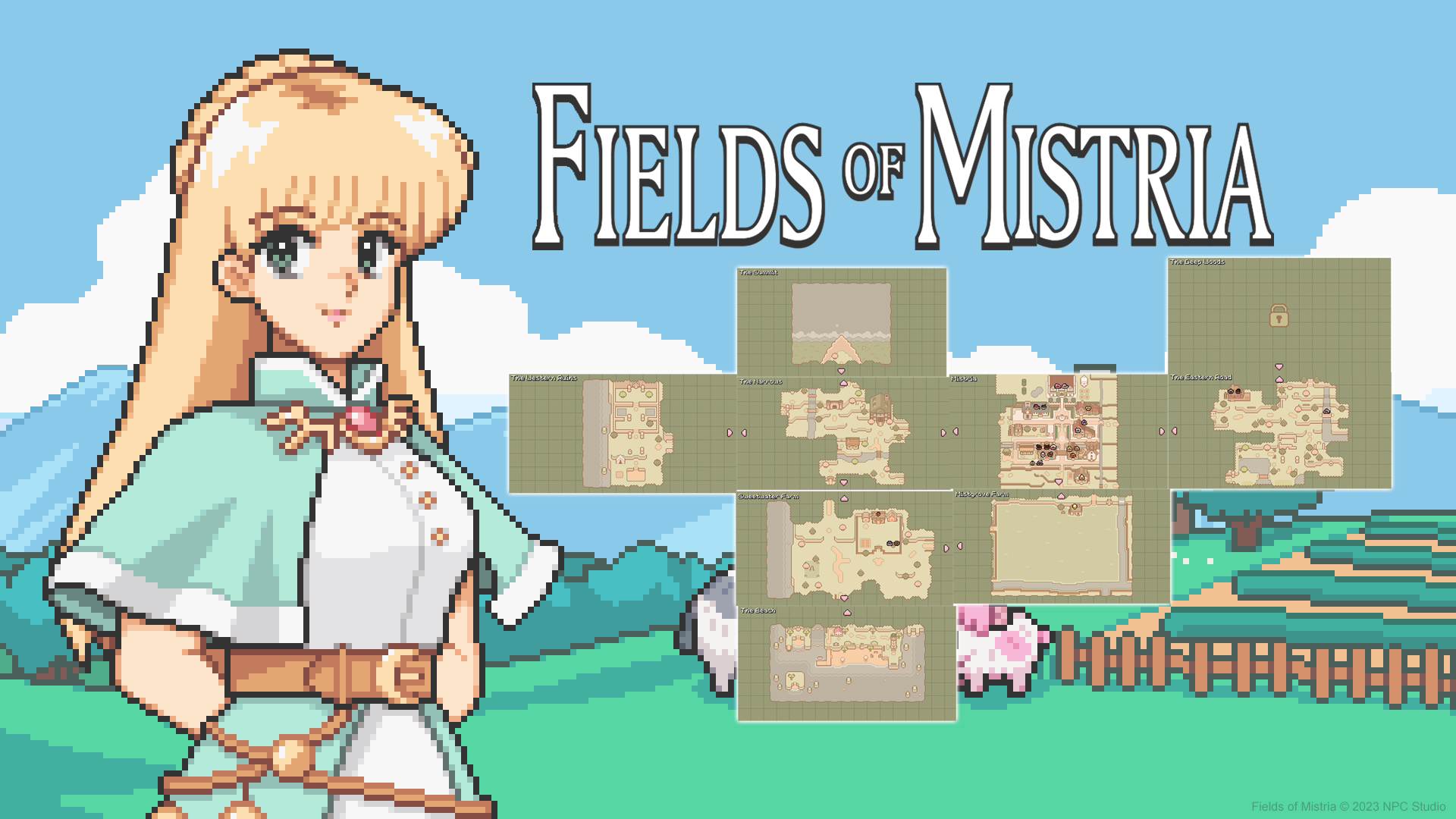 Mistria Tarlaları 2026'da Erken Erişimden Çıkıyor 1 A vibrant fantasy landscape of Mistria Fields featuring colorful crops, charming farmhouses, villagers, and magical creatures, inspired by a role-playing game.