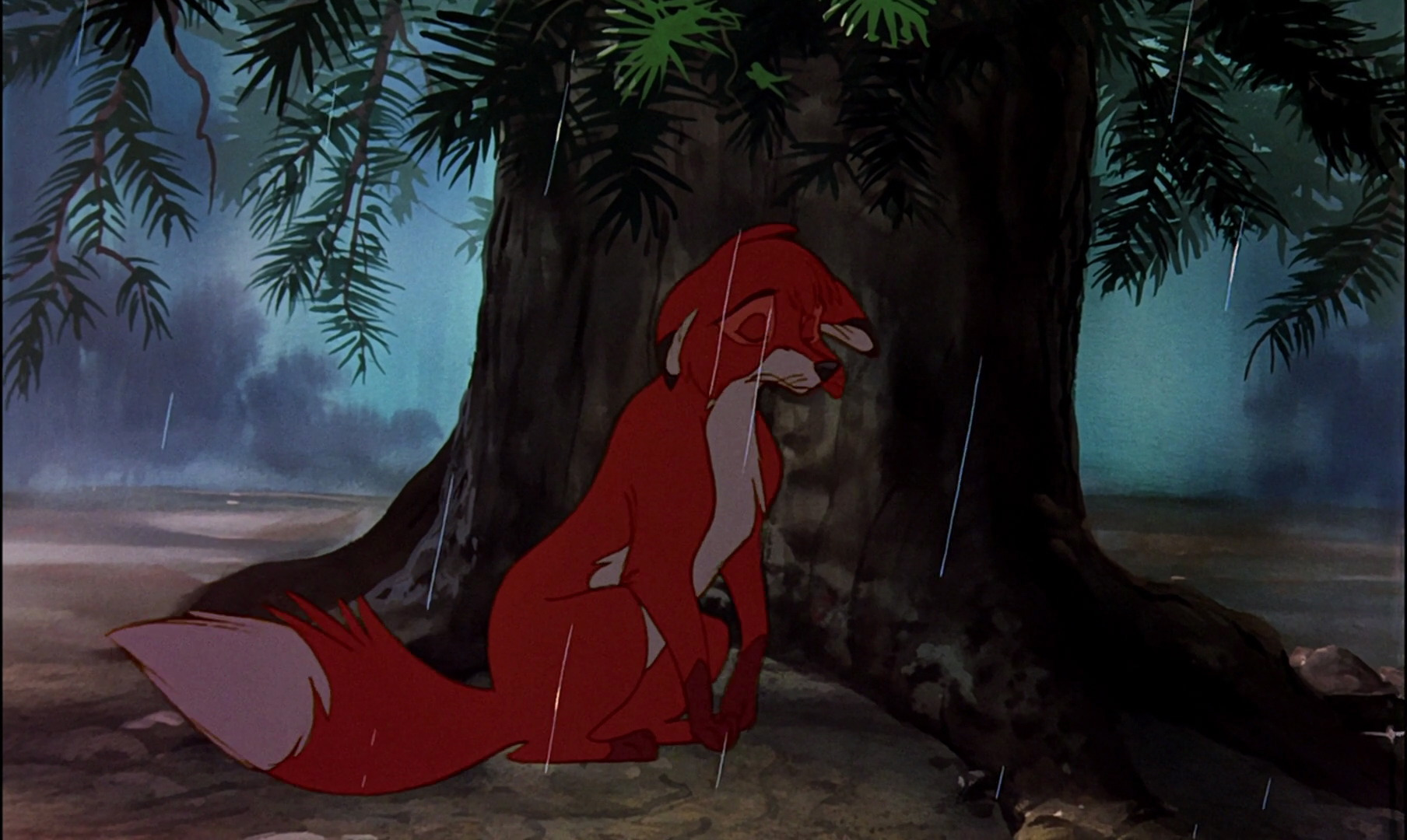 Tod takes cover in the rain in fox and the hound