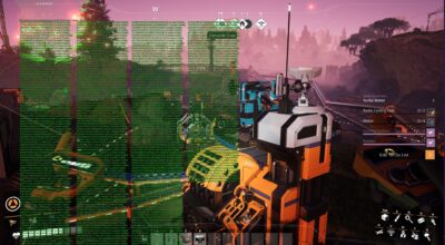 Satisfactory gameplay showing the in-game console debug overlay with a long list of loaded objects displayed in green text over a factory landscape.