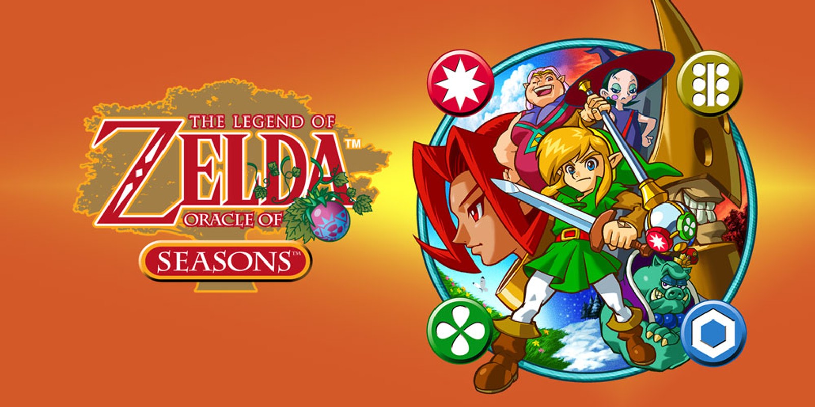 Key Art for The Legend of Zelda: Oracle of Seasons, featuring a circle with five characters in it, including a woman, a witch, a laughing woman, and a smiling man with a sharp helmet