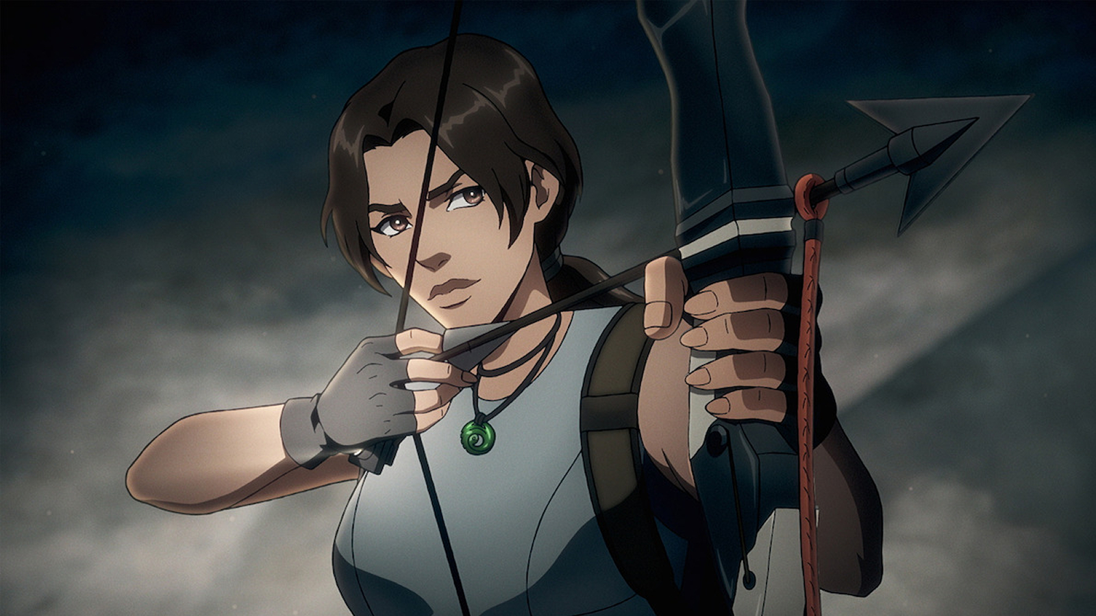 Lara Croft with a bow and arrow in Tomb Raider: The Legend of Lara Croft key art