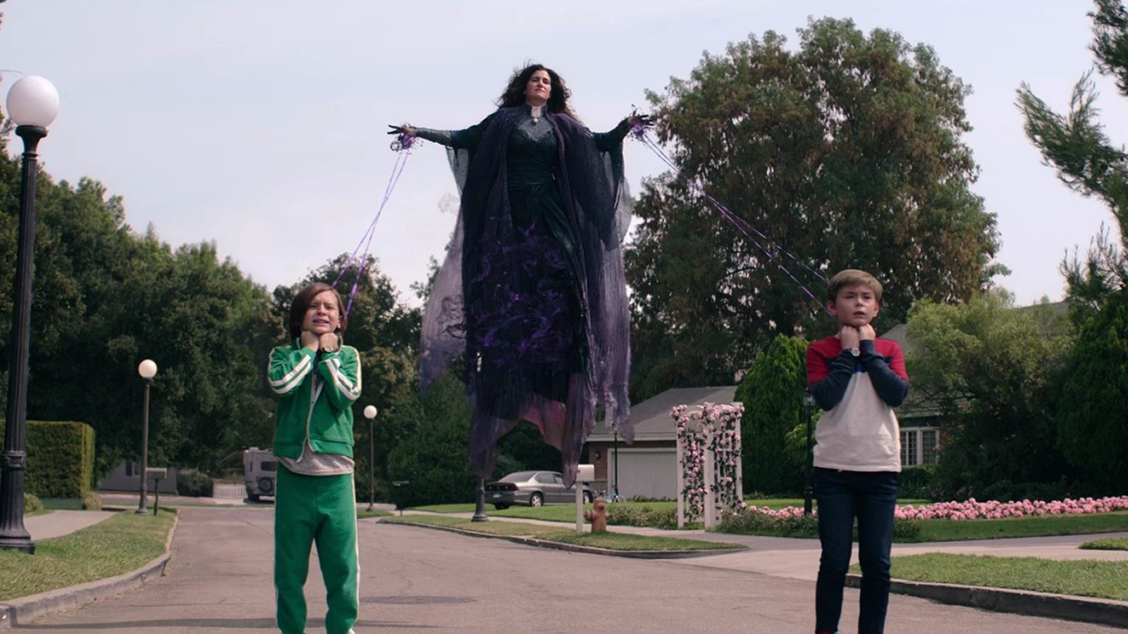 Agatha Harkness strangling Tommy and Billy Maximoff with magic in WandaVision