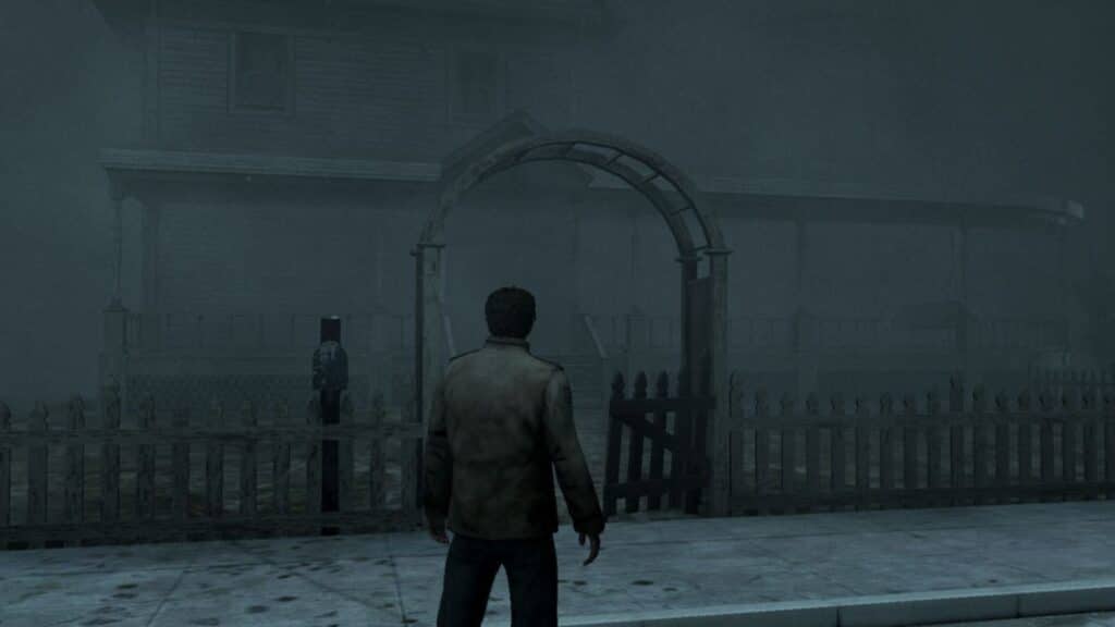 Silent Hill homecoming character looking at a building in the dark.