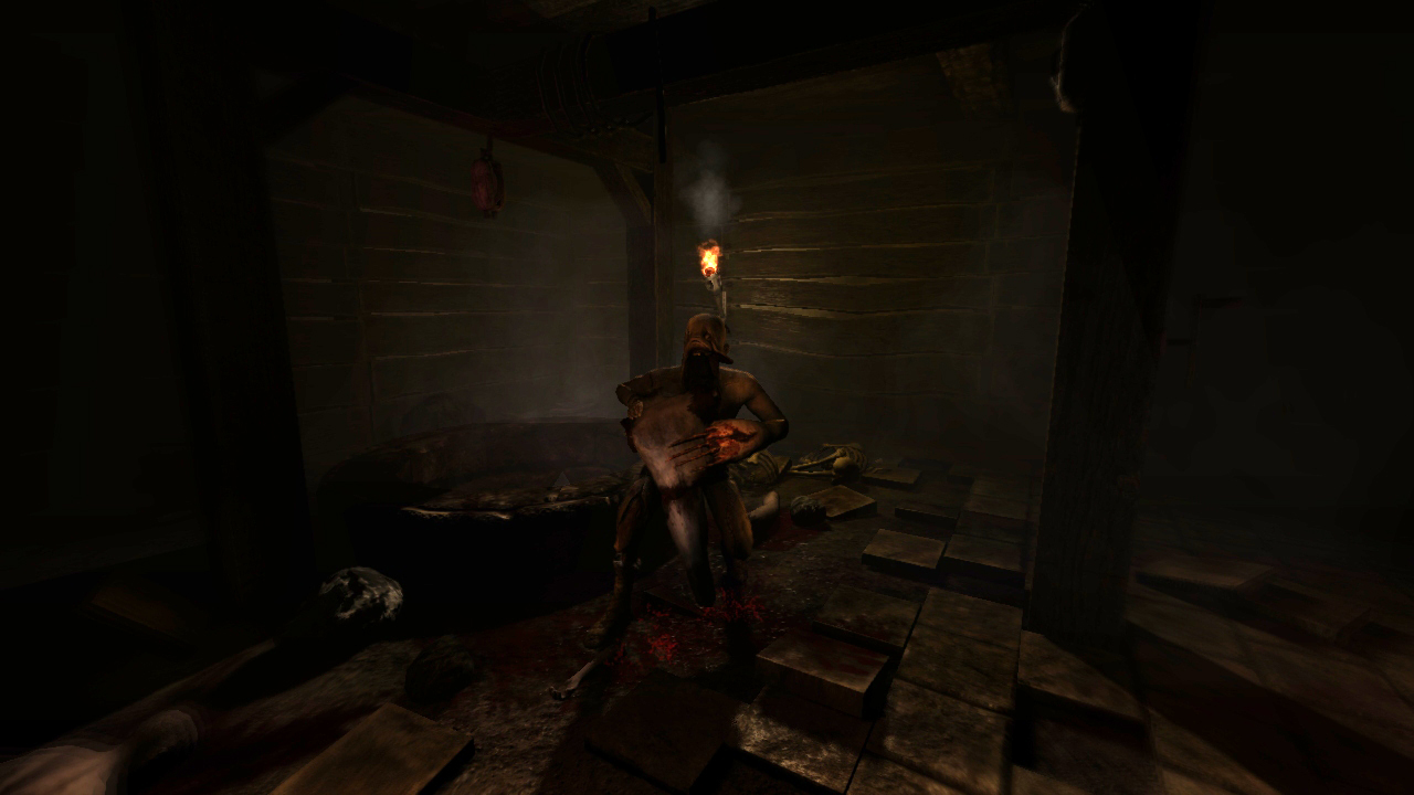 Amnesia: The Dark Descent, a monster approaching the player in a dark room. 