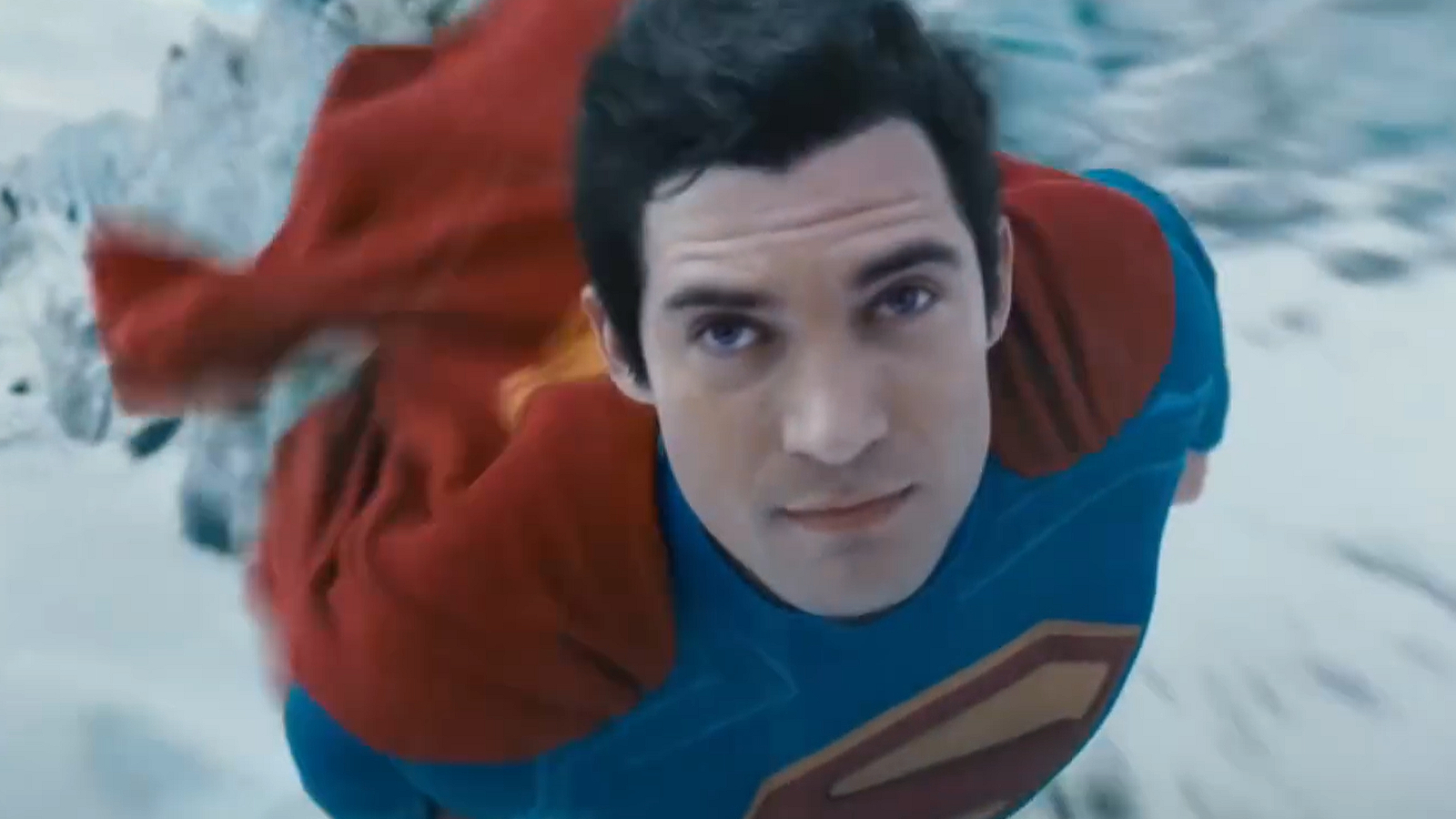 David Corenswet as Superman flying towards camera in a pre-release footage for the 2025 Superman reboot