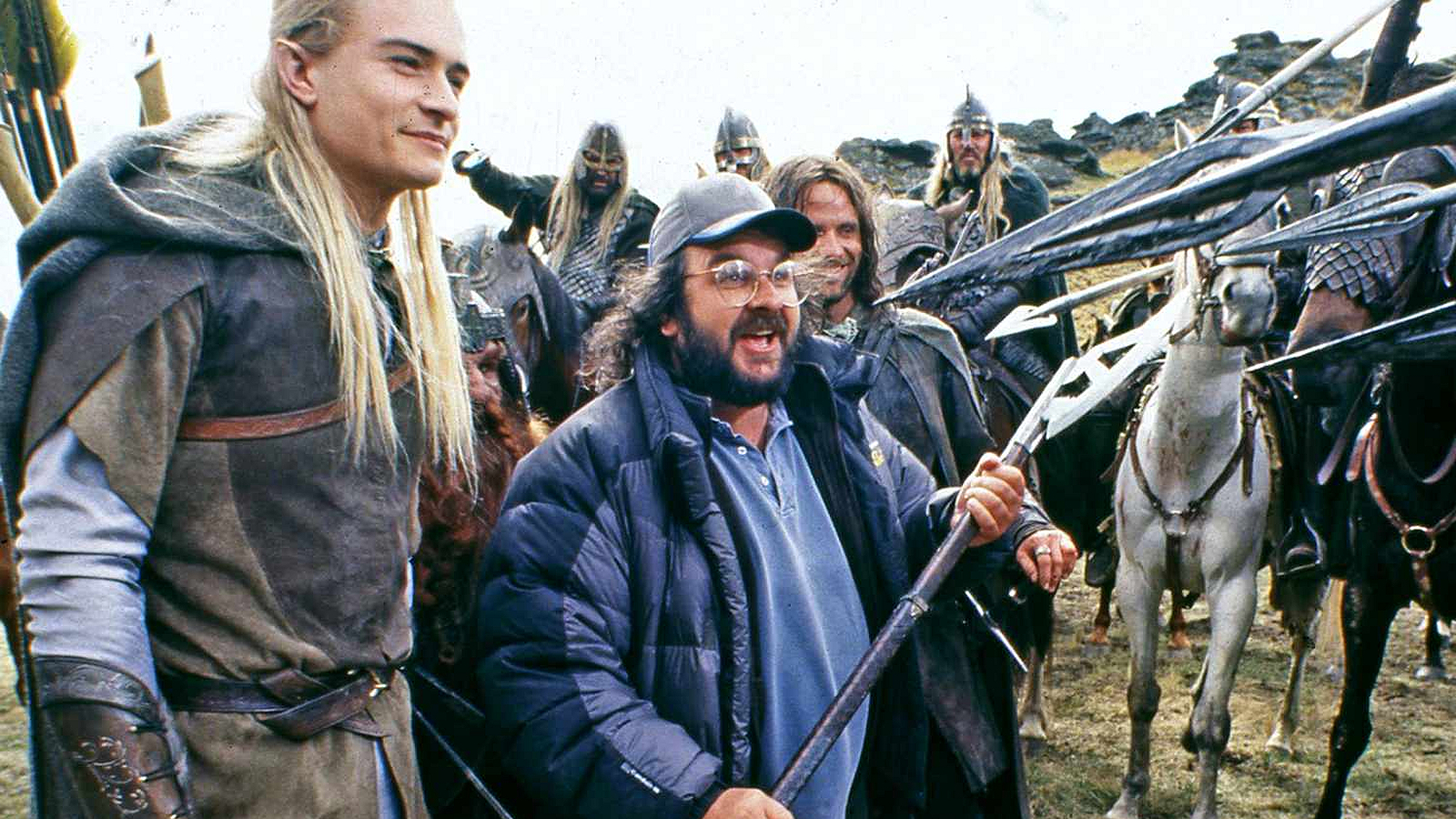 Orlando Bloom, Peter Jackson, and Viggo Mortensen on the set of The Lord of the Rings: The Two Towers