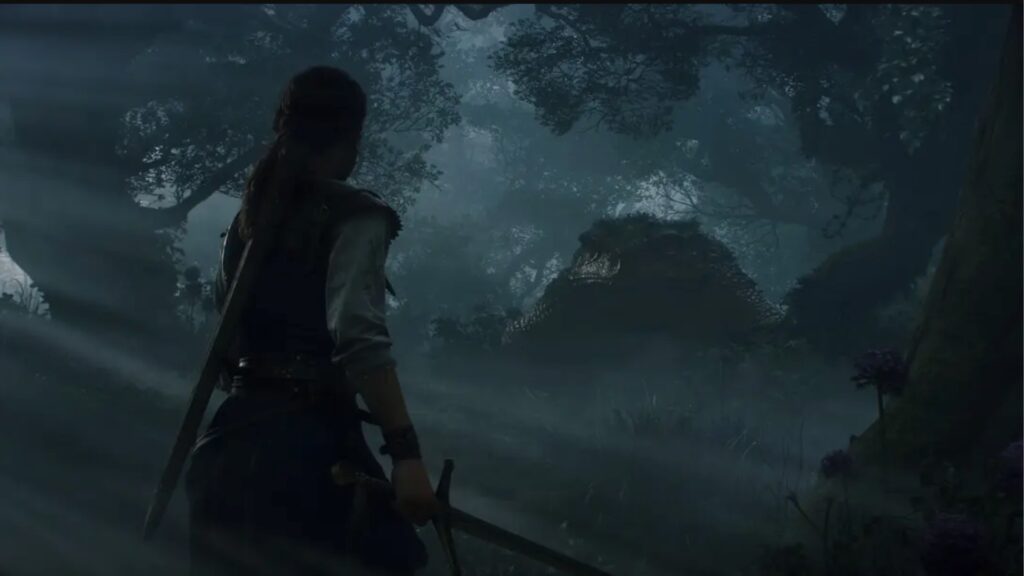 This image from the new Fable game trailer shows a character in the foreground in a dark, misty forest environment