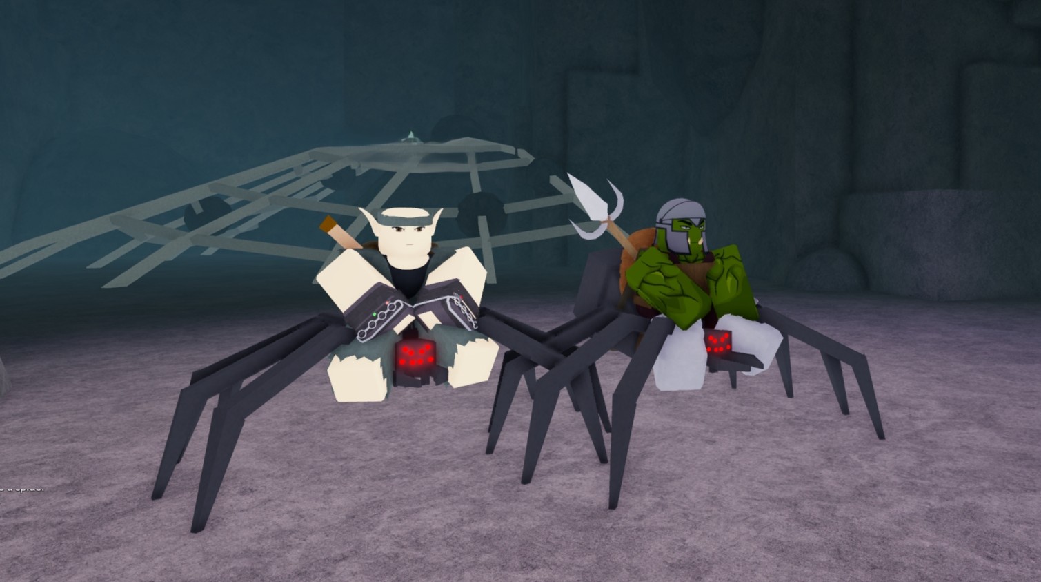 An Orc and an Elf player are riding spiders in Rune Slayer
