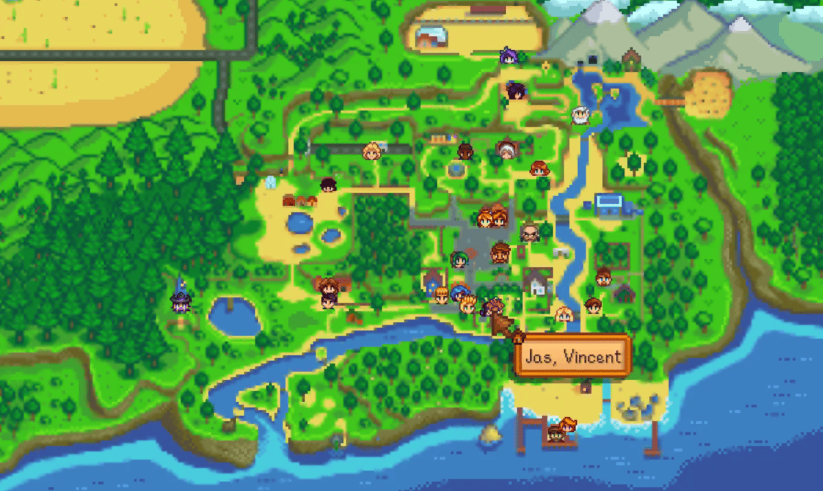 stardew valley map with NPCs pinpointed on the map, best stardew valley mods