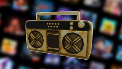 A stylized boombox represents music codes used in Roblox Phonk ID