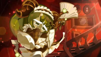 Elegant Cookie Run Kingdom character in a brown and cream Victorian outfit, holding fans, with a determined expression