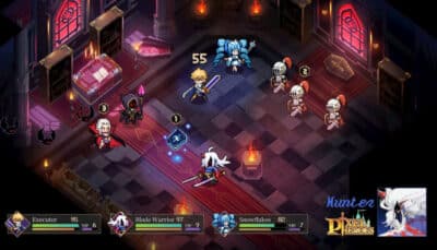 A Pixel Heroes battle scene with heroes fighting enemies inside a dark cathedral-like room