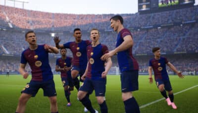 Modern Barcelona players celebrating in Konami’s eFootball game