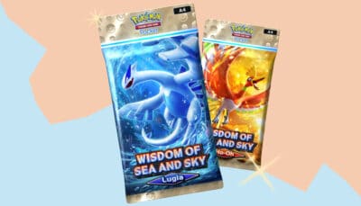 Two Pokémon trading card packs with vibrant designs. One features Lugia in blue water, the other Ho-Oh in fiery tones. Text reads "Wisdom of Sea and Sky."