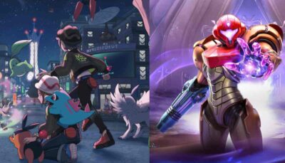 A duo of trainers with Pokémon in a vibrant cityscape, alongside the armored hero Samus, showcasing adventure and gaming worlds.