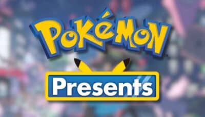 Pokémon Presents logo with Pikachu ears on blurred background