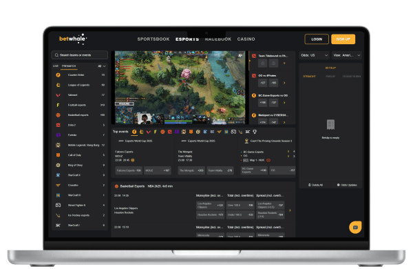 Screenshot of the BetWhale esports betting site showing a live in-play game.