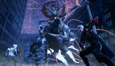 Character with a sword faces a large multi-limbed boss in a glowing arena from Code Vein 2