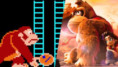 A split image features a pixelated Donkey Kong from a retro game and a vibrant, modern rendering of the same character in a dynamic pose.