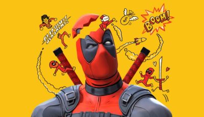 Deadpool with a cracked mask, surrounded by comic-style doodles on a yellow background