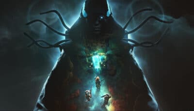 Destiny 2 artwork featuring a hooded figure with glowing cables and three Guardians standing below a central energy core