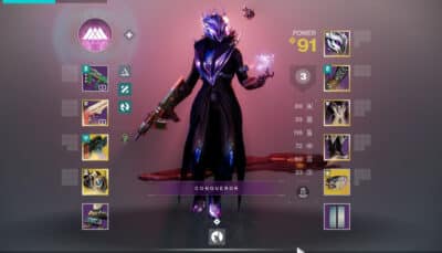 A futuristic character in dark armor stands confidently, surrounded by game stats and equipment. The power level is 91, with the title "Conqueror."