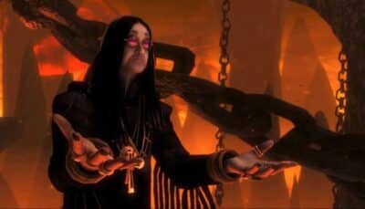 A figure of Ozzy Osbourne with outstretched hands against a fiery, ominous background filled with chains and shadows.