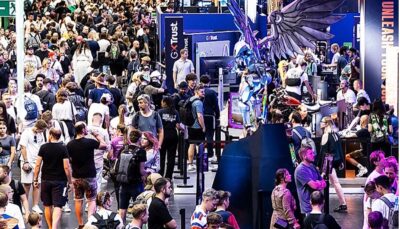 Crowds of attendees exploring booths and game demos at Gamescom