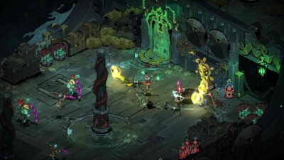 Screenshot of Hades 2 game's interior featuring several people in the background, showcasing the environment and activity.