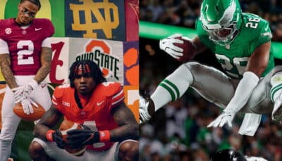 Two images side by side. Left: Two football players in college jerseys, one in Alabama red, the other in Ohio State red, holding footballs; banners behind. Right: A football player in a green and white uniform leaps athletically over a defender during a game