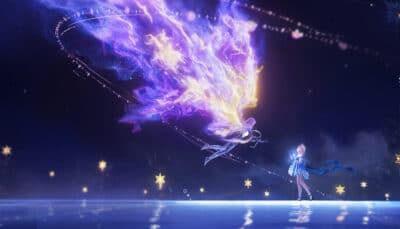 Nikki faces a glowing figure in a cosmic, starry realm