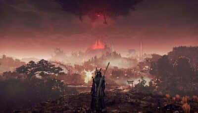 Samurai from Nioh overlooking a fiery fortress and red vortex in a dark fantasy landscape