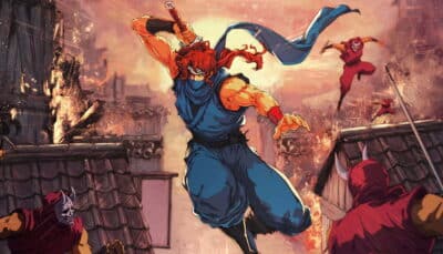 Kenji Mozu leaps into battle across burning rooftops in stylized artwork for Ninja Gaiden: Ragebound