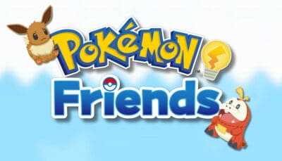Title text with a playful and cheerful vibe features the word "Pokémon Friends" in bold, colorful letters. A cute brown fox-like creature is sitting on the top left and a small red dinosaur is at the bottom right