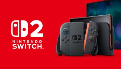 The image features a Nintendo Switch console with Joy-Con controllers, logo, and dock, set against a bright red background.