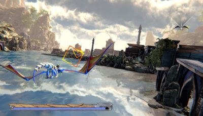 Modern remake gameplay of Panzer Dragoon with dragon flying over ruins and water