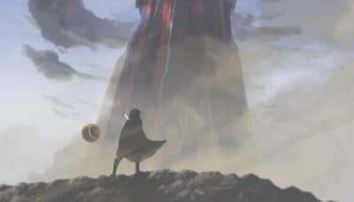 Scene from Shadow Labyrinth with a cloaked figure facing a tall futuristic tower