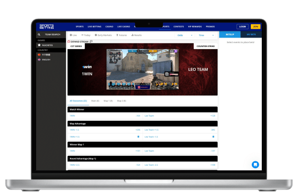Screenshot showing the SportsBetting.ag esports gambling site