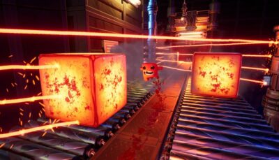 Super Meat Boy dodging lasers and fiery blocks on a conveyor belt in a 3D level